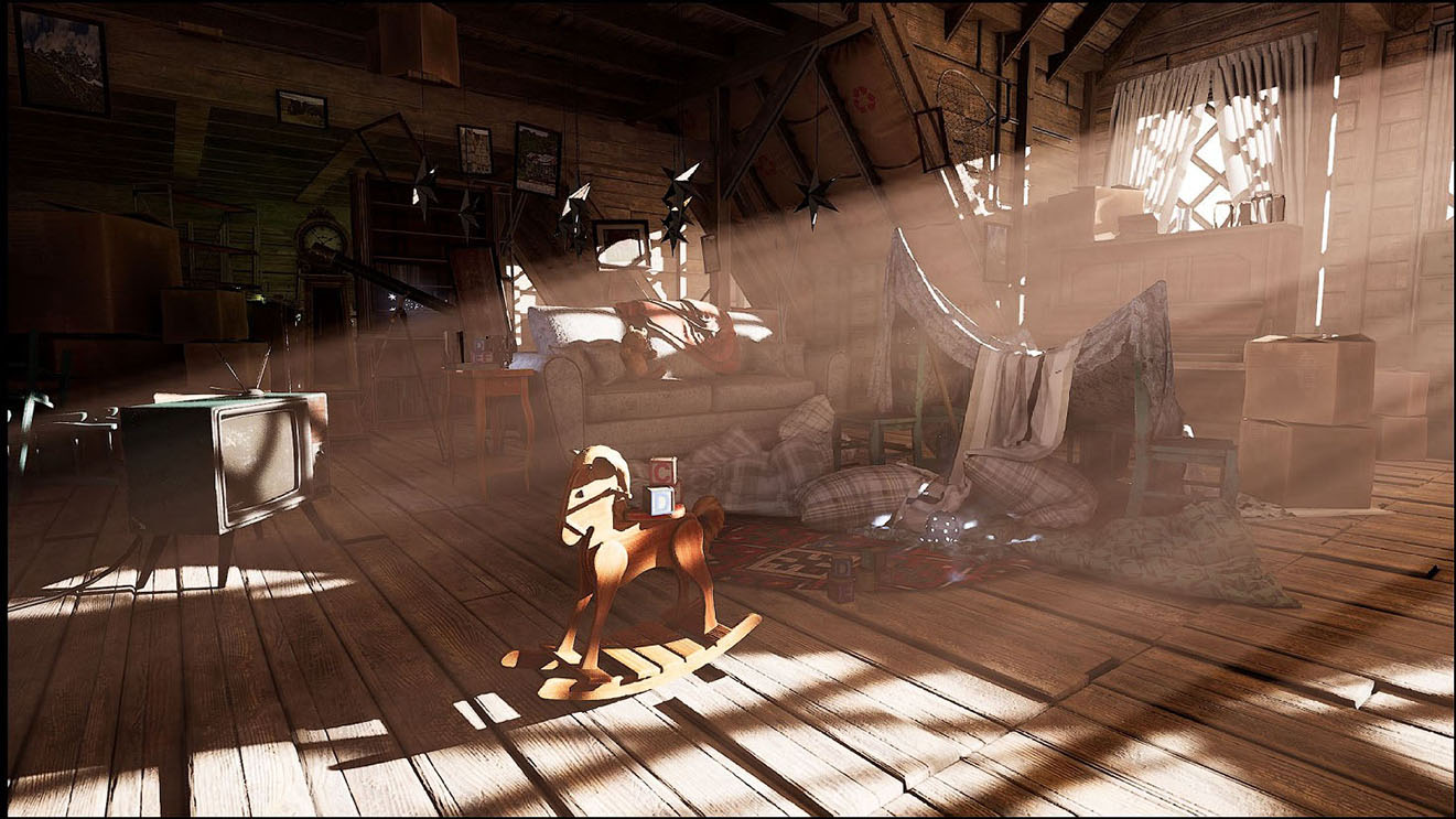 The attic scene rendered with the enhanced ray-traced GI path, volumetric shafts through the window The attic scene rendered with the enhanced ray-traced GI path, volumetric shafts through the window