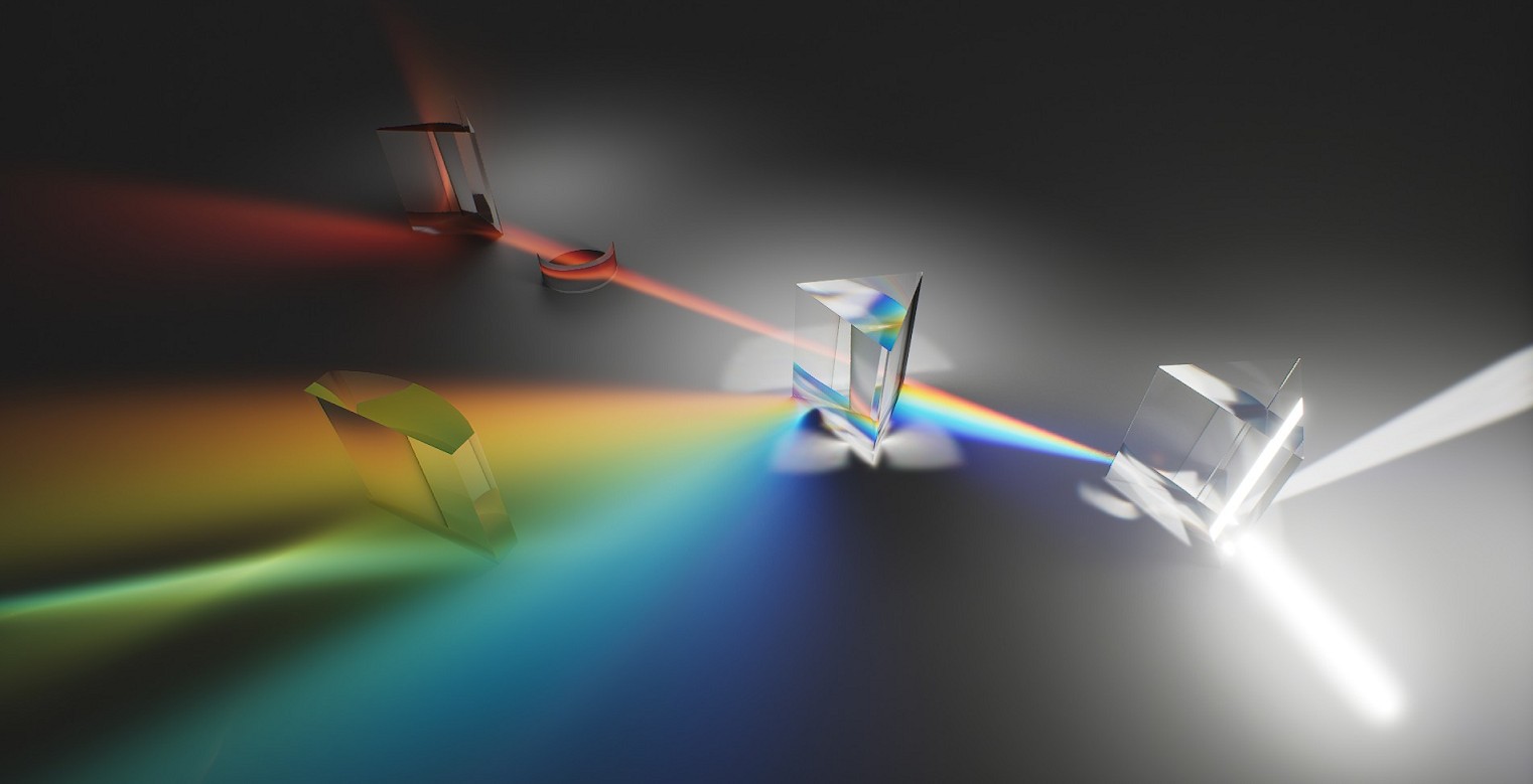 Prisms splitting a white beam into a spectrum through ray-traced dispersion