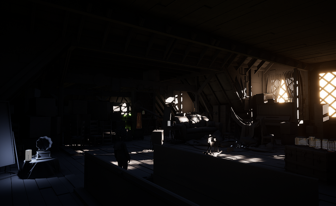 Attic interior with direct lighting only, everything outside the sunbeams reading black Attic interior with direct lighting only, everything outside the sunbeams reading black