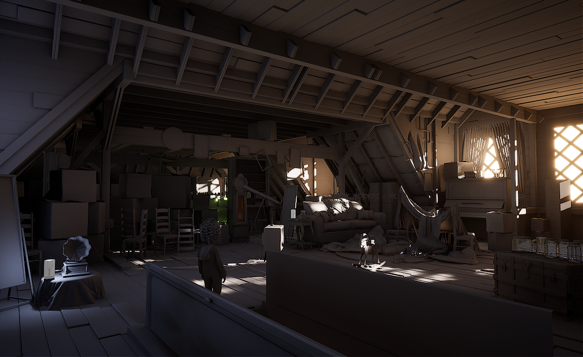 The same attic interior with Dynamic DDGI enabled, indirect bounce filling the room The same attic interior with Dynamic DDGI enabled, indirect bounce filling the room