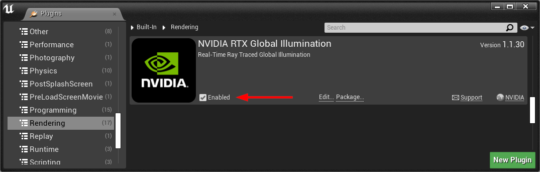 Plugins dialog with the NVIDIA RTX Global Illumination plugin enabled under Built-In Rendering Plugins dialog with the NVIDIA RTX Global Illumination plugin enabled under Built-In Rendering