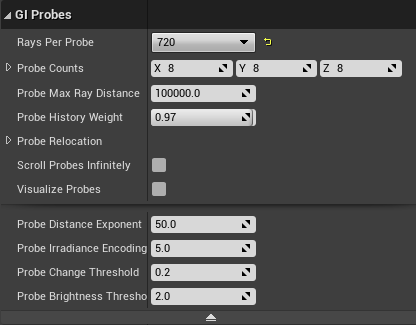 DDGI probe settings panel showing counts per axis and probe spacing controls DDGI probe settings panel showing counts per axis and probe spacing controls