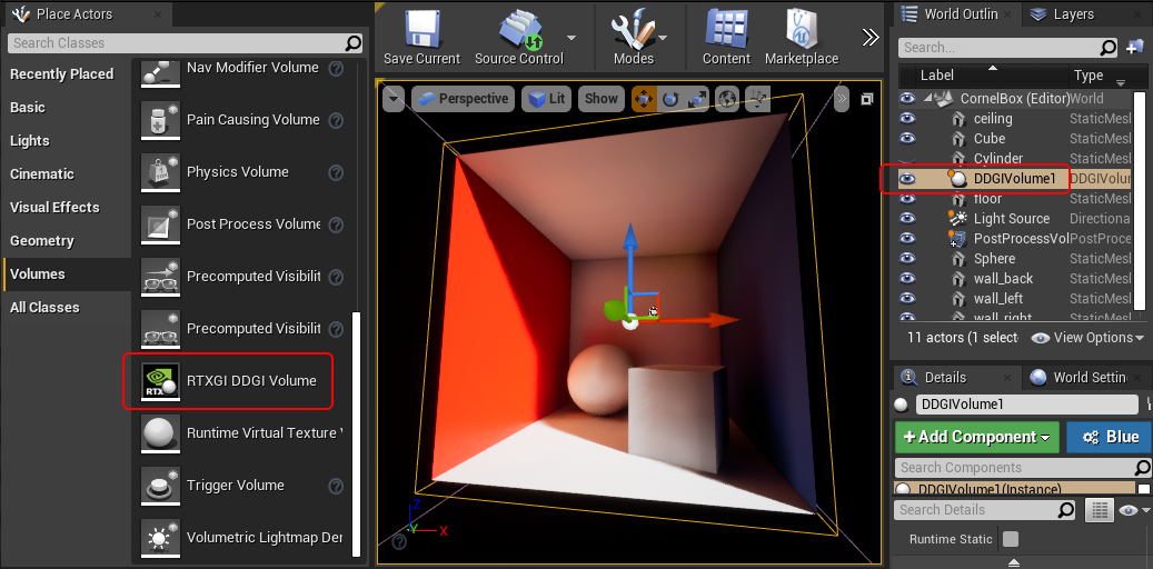 A DDGI volume actor placed in a level in the editor viewport A DDGI volume actor placed in a level in the editor viewport