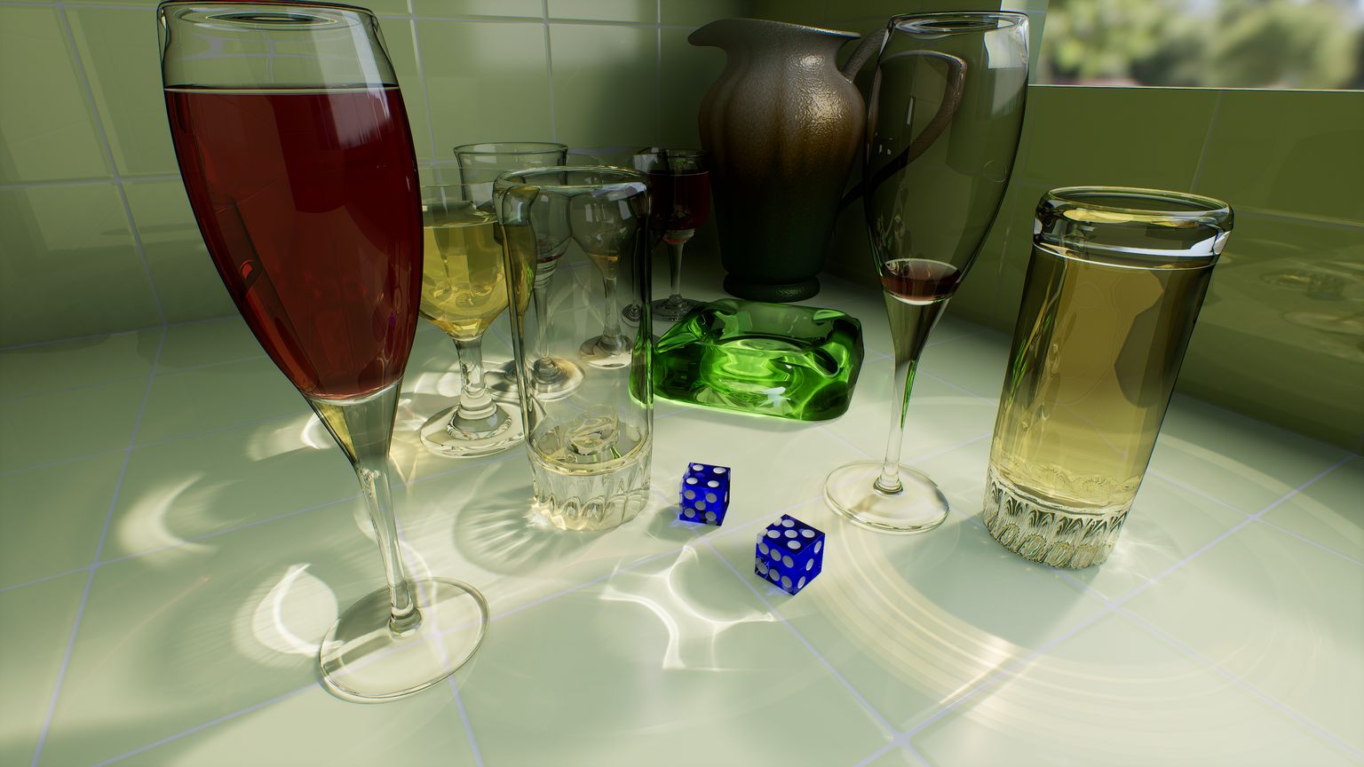POV-Ray Glasses scene with ray-traced refractive caustics cast onto a tiled surface
