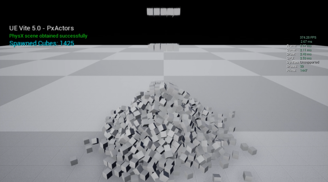 In-engine Vite native PhysX actor test with 1,425 simulated cubes In-engine Vite native PhysX actor test with 1,425 simulated cubes
