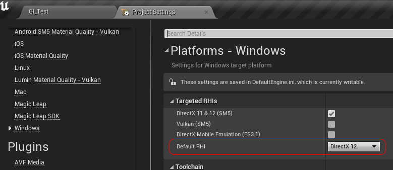 Project Settings showing Default RHI set to DirectX 12 with DirectX 11 and 12 SM5 checked Project Settings showing Default RHI set to DirectX 12 with DirectX 11 and 12 SM5 checked