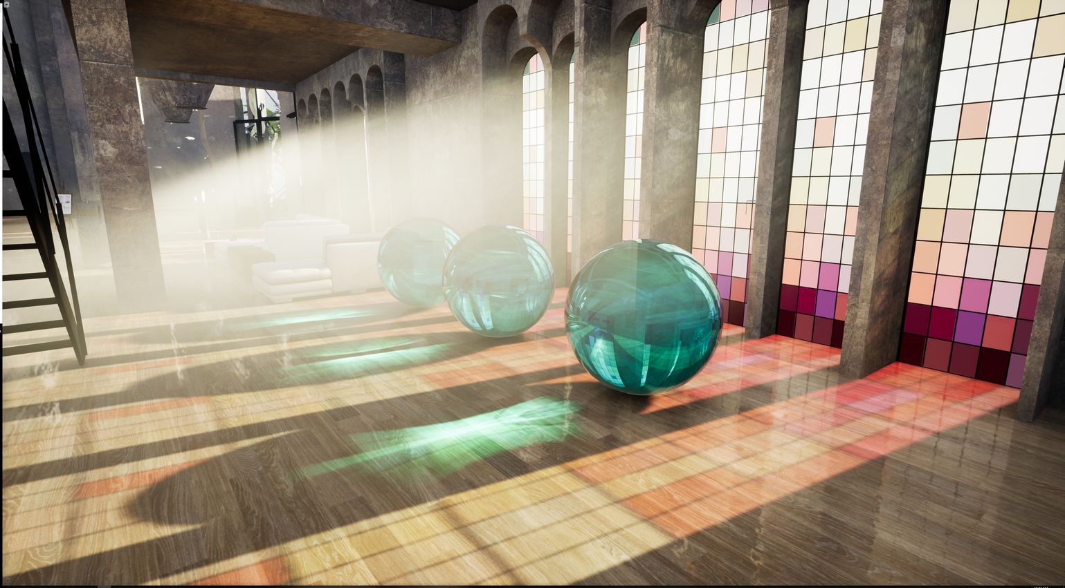 Office scene combining volumetric light, translucent spheres, ray-traced reflections and refractions