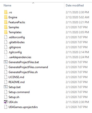 Repository root in Explorer after project file generation, showing UE4.sln