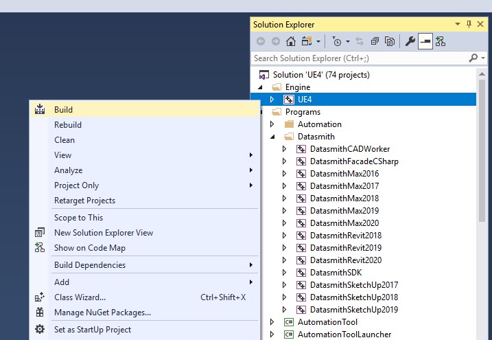 Visual Studio Solution Explorer with the UE4 project selected and the Build command open