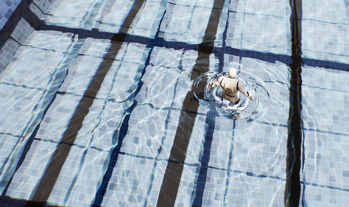 Swimming pool floor lit by ray-traced water caustics with a character disturbing the surface